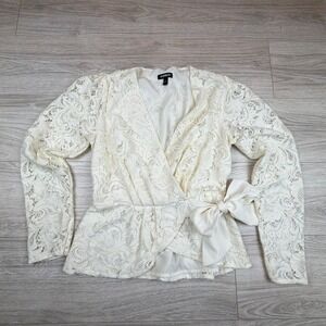 Express Cream Lace Wrap Peplum Top‎ Bow Detail Long Sleeve V Neck Women's S